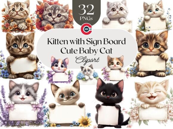 Download Cute Kitten with Flowers and Sign Board - Sign Collection
